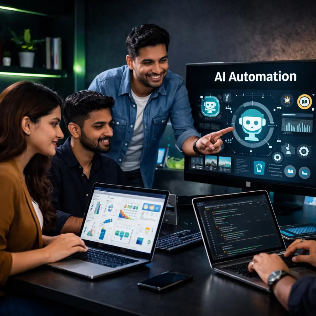 Indian team working on AI automation system with chatbot dashboard and workflow analytics in a modern office