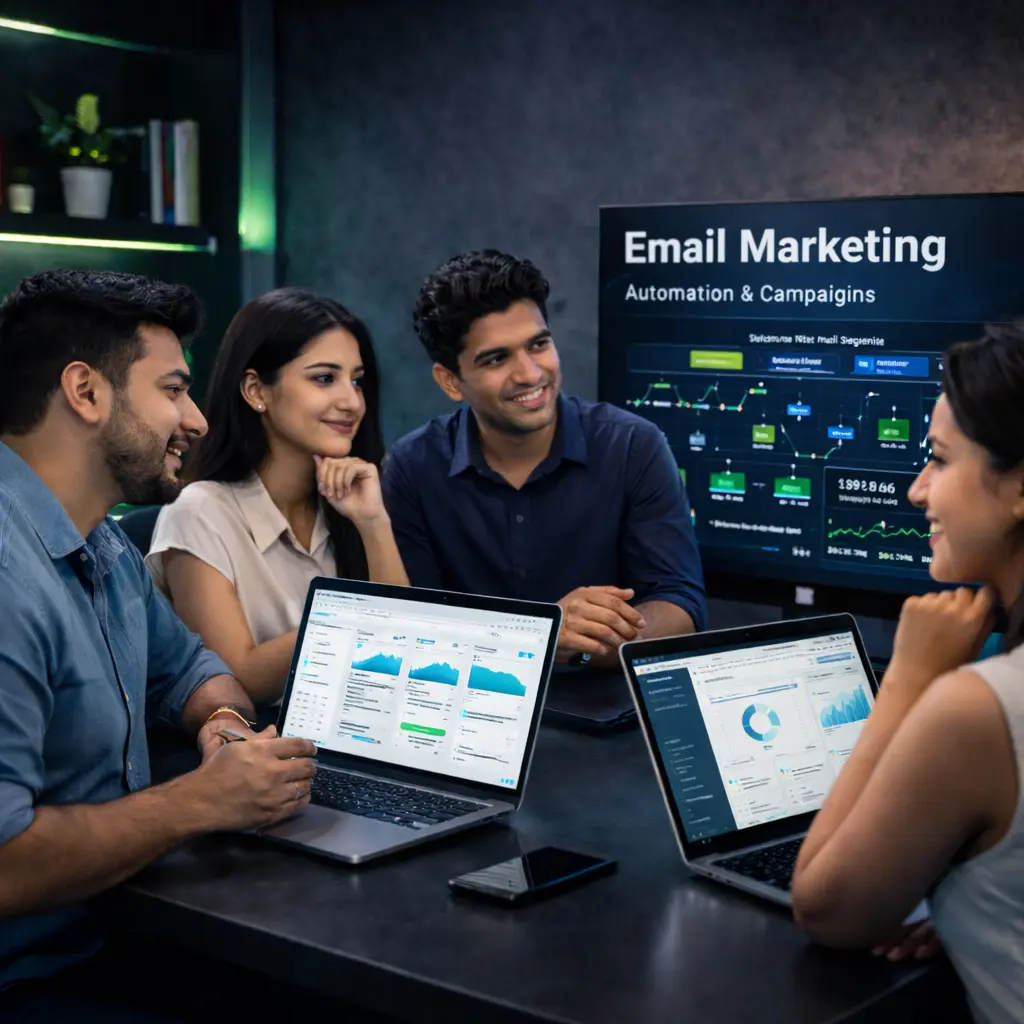 Indian email marketing team creating automated email campaigns and analyzing performance dashboards in a modern office
