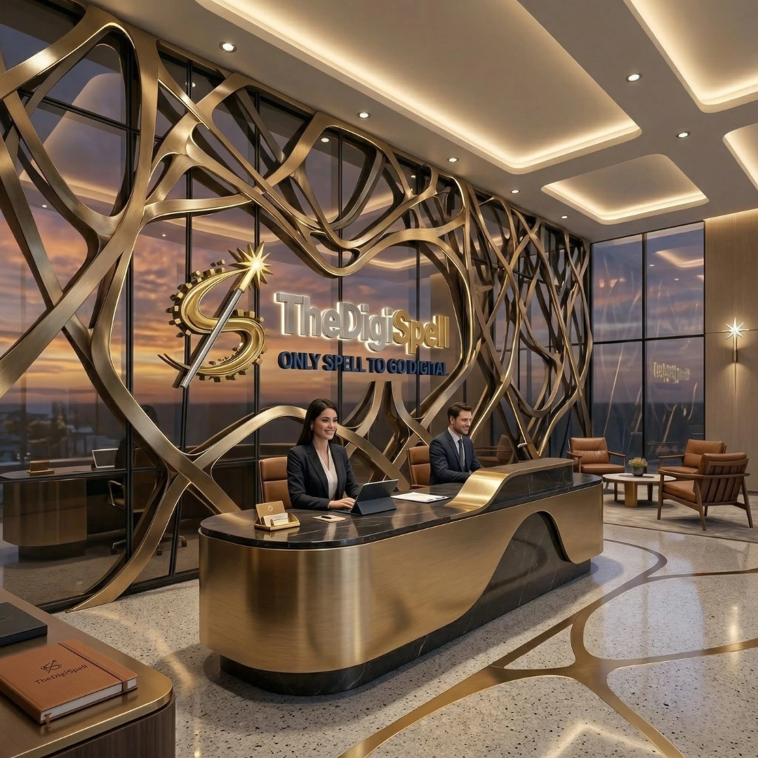 A modern gold office desk of a digital marketing agency delhi is shown with two workers.