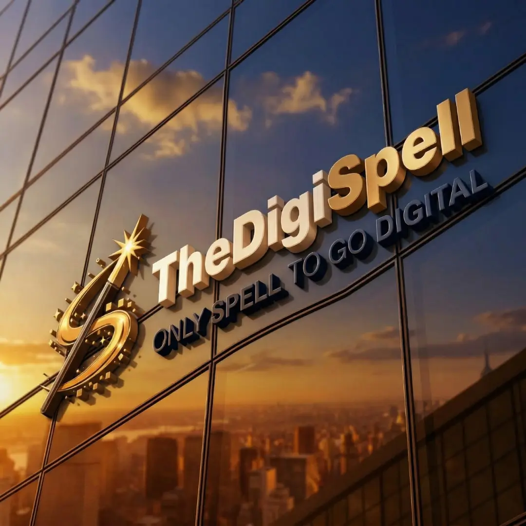 Glass skyscraper displaying TheDigiSpell - digital marketing company in Gurgaon.