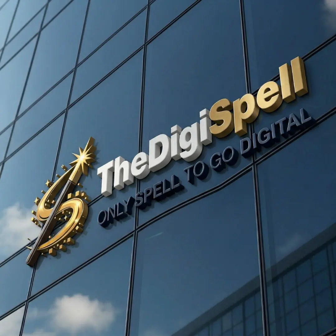 TheDigiSpell modern office building with golden logo in Ghaziabad - Best digital marketing company in Ghaziabad